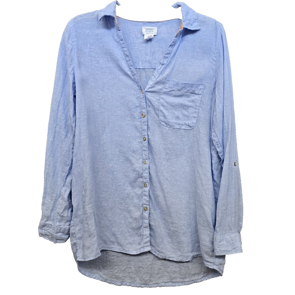 Sigrid Olsen 100% Linen Tunic Button Down Top Blue Coastal Resort Sz Small Relax